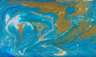 Fototapeta na wymiar Liquid Flow of Gold and Blue Paint Pattern