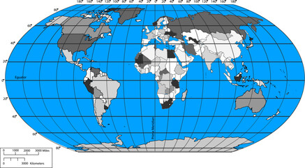 Vector map of the world with countries and a grid in the projection for a scale of 110 m.