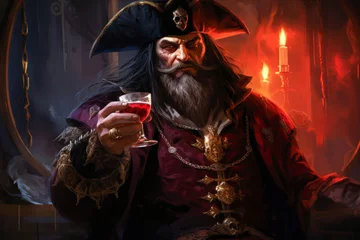 Muurstickers Pirate captain holding a glass of red wine, drinking, painting © Sunshower Shots
