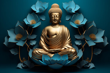 Obraz premium Buddha statue in blue and gold meditating in temple with blue flowers