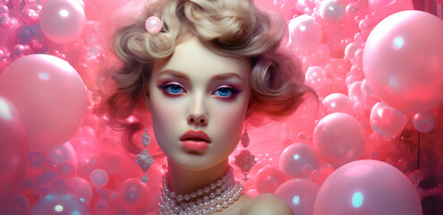 Obraz na płótnie Canvas Beautiful blonde young woman model with blue eyes and curly hair looking at the camera wearing an elegant pearl necklace surrounded by pink bubbles floating in the air