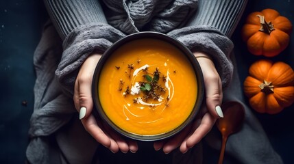 Female hands with bowl of pumpkin soup, AI Generative