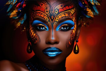 Beautiful glamour African woman with black skin body art.