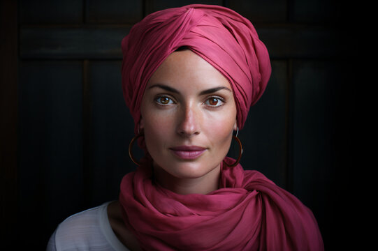 Portrait of a beautiful Middle east woman with fuchsia pink tunic scarf and dark eyes. hijab, chador. Dark background