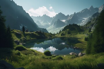 A picturesque lake encircled by rocks, featuring light turquoise and dark green hues, ethereal trees, incredibly beautiful, and meticulously detailed foliage. Generated AI.