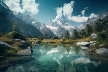 A picturesque lake encircled by rocks, featuring light turquoise and dark green hues, ethereal trees, incredibly beautiful, and meticulously detailed foliage. Generated AI.