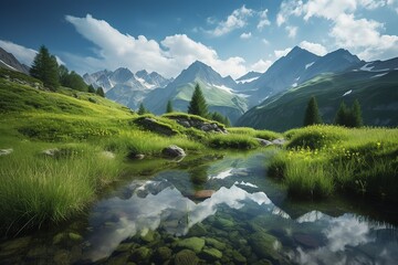 A picturesque lake encircled by rocks, featuring light turquoise and dark green hues, ethereal trees, incredibly beautiful, and meticulously detailed foliage. Generated AI.