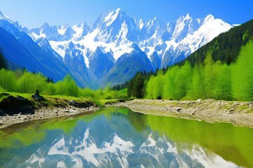 A picturesque lake encircled by rocks, featuring light turquoise and dark green hues, ethereal trees, incredibly beautiful, and meticulously detailed foliage. Generated AI.