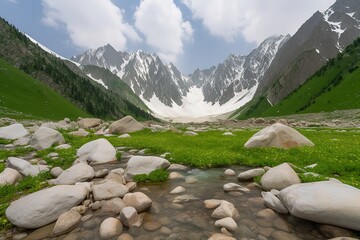 A picturesque lake encircled by rocks, featuring light turquoise and dark green hues, ethereal trees, incredibly beautiful, and meticulously detailed foliage. Generated AI.