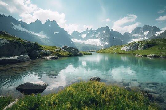A picturesque lake encircled by rocks, featuring light turquoise and dark green hues, ethereal trees, incredibly beautiful, and meticulously detailed foliage. Generated AI.