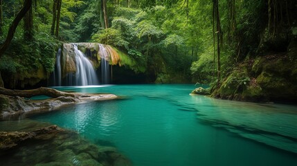 A picturesque lake encircled by rocks, featuring light turquoise and dark green hues, ethereal trees, incredibly beautiful, and meticulously detailed foliage. Generated AI.