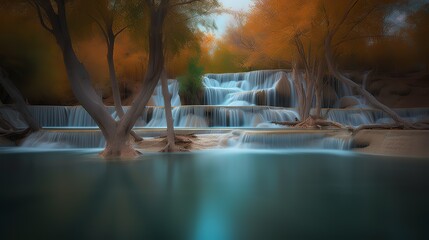 A picturesque lake encircled by rocks, featuring light turquoise and dark green hues, ethereal trees, incredibly beautiful, and meticulously detailed foliage. Generated AI.