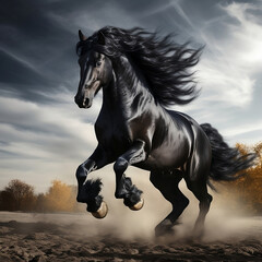 Obraz na płótnie Canvas powerful friesian horse rearing on its hind legs, showing off its strength in the desert created with generative ai
