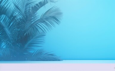 Fototapeta na wymiar Green tropical palm leaves on blue background minimal summer concept creative flat lay