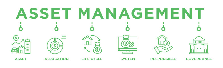 Asset management banner web icon vector illustration concept with icon of asset, asset allocation, life cycle, system, responsible and governance	