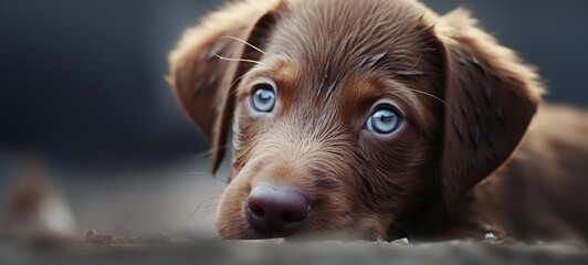 A cute puppy making a puzzled, puzzled, suspicious face, puppy sitting absent-minded.