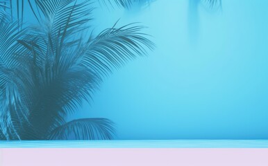Green tropical palm leaves on blue background minimal summer concept creative flat lay