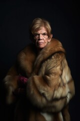 studio shot of a woman wearing an oversized fur coat and staring at the camera in amazement