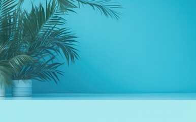Fototapeta premium Green tropical palm leaves on blue background minimal summer concept creative flat lay
