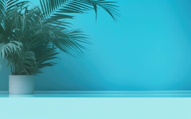 Obraz premium Green tropical palm leaves on blue background minimal summer concept creative flat lay