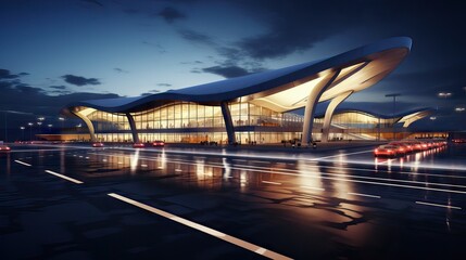 A modern airport characterized by its avant-garde and spacious architecture, optimized for traveler efficiency and comfort. Generative AI