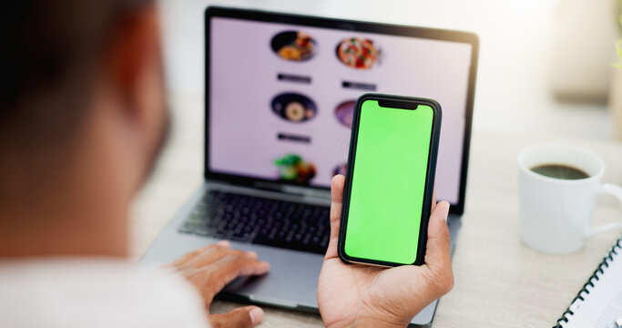 Phone, Laptop Food Menu And Man Scroll On Sushi Restaurant Website, Ecommerce Homepage And Search For Takeaway Delivery. Mobile Green Screen, Mockup Product Placement And Customer Online Shopping