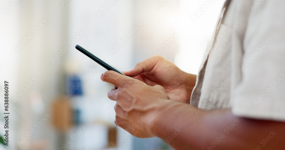 Poster closeup, man and hands with smartphone, typing and connection for social media, texting and email. z