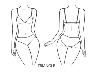 Swimwear on a woman's body.  Triangle swimsuit - front and back view. Vector illustration isolated on white background