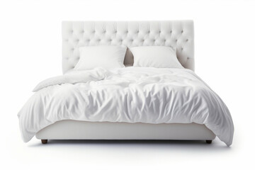White bed with white comforter and pillows on it.