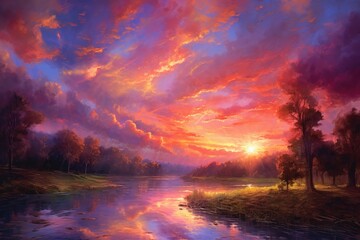 Obraz premium A Sunset's Vibrant Brushstrokes. Poster. Generativ ai.