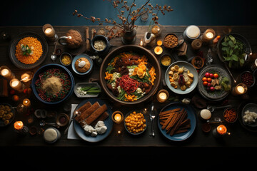 High Angle View of Grilled Meal of Steak, Chicken and Vegetables Spread Out on Rustic Wooden Table at a diner Party