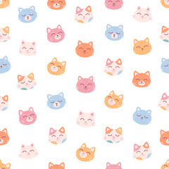 Cute colorful cat faces seamless pattern. Cat characters with different emotions and facial expressions. Vector illustration in flat style