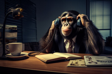 Monkey in suit sitting at desk with phone.