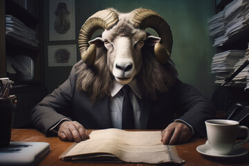 Man in goat mask reading book at table. - obrazy, fototapety, plakaty