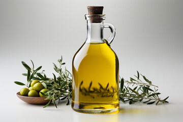 Extra olive oil bottle and green olives with leaves isolated on a white background