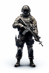 Fototapeta premium Soldier with gun and helmet on white background.