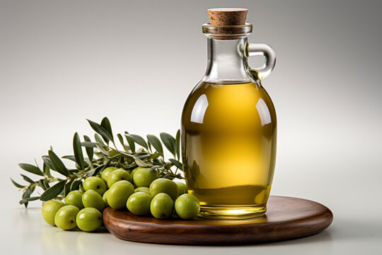 Extra olive oil bottle and green olives with leaves isolated on a white background