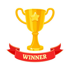 Golden cup of winner with star. Champion trophy with red ribbon. Leader emblem. First place award