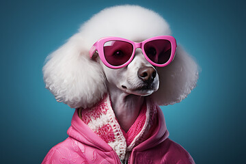 Funny poodle caniche dog with pink sunglasses and jacket, blue background