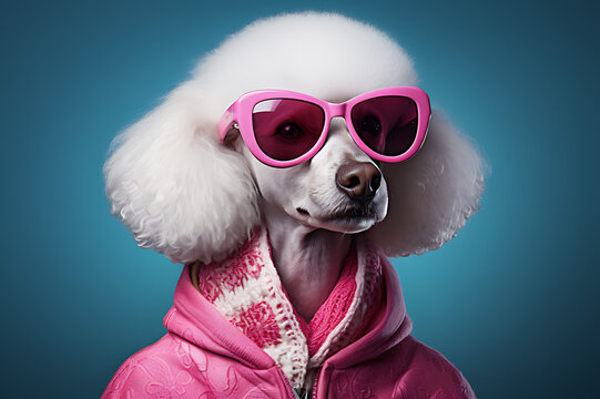 Funny poodle caniche dog with pink sunglasses and jacket, blue background