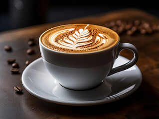 A beautiful cup of cappuccino with latte art in the wooden space background. Trendy toning. Minimal composition, hipster vibes.