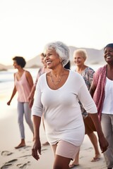 Obraz premium shot of an attractive senior woman leading a group on a beach walk