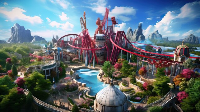 A magical theme park full of captivating attractions and immersive experiences, designed to entertain and delight both children and adults alike. Generative AI