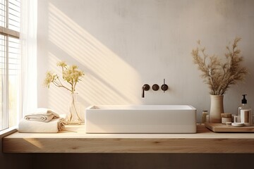 Minimalist bathroom interior with a wooden sink with a modern while top faucet