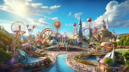 A magical theme park full of captivating attractions and immersive experiences, designed to entertain and delight both children and adults alike. Generative AI - obrazy, fototapety, plakaty