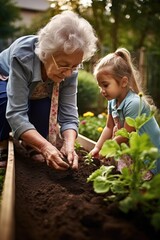 Naklejka na ściany i meble shot of a senior woman bonding with her granddaughter while they garden together outside