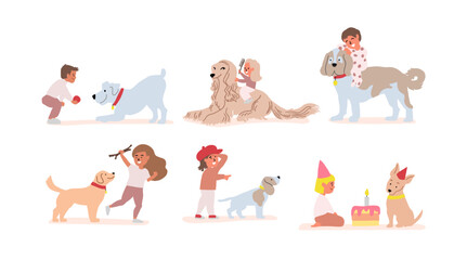 Cute set of scenes of children with dogs. Child and a dog. Boy plays with dog. Girl plays with dog. Vector illustration