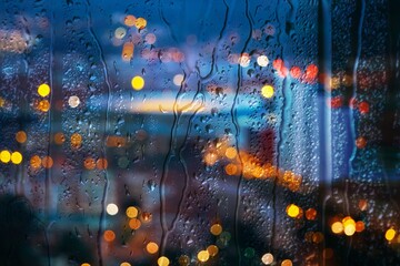 raindrops on the window and Bilbao city background