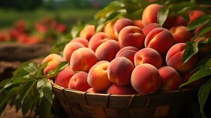 Harvest peaches, peaches at the farm, freshly picked peaches, peaches close-up, peaches stock photo, AI Generative