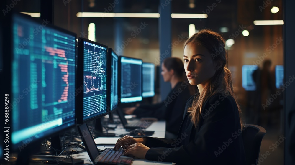 Wall mural young girl programmer writing code on the keyboard, in the office space at night. design ai